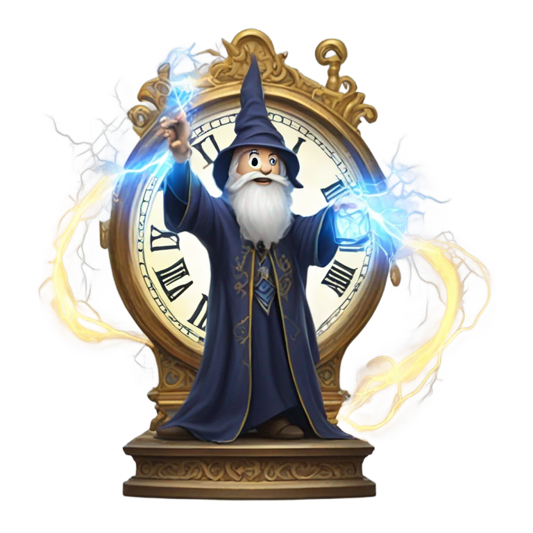 wizard in lightning on large clock emoji
