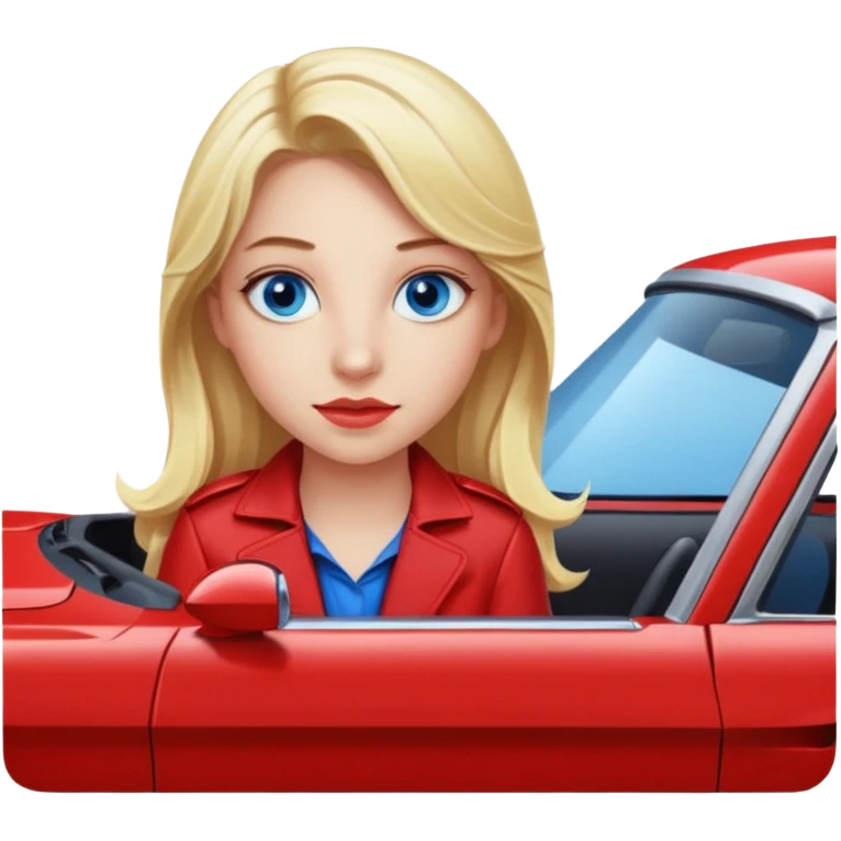 Blonde girl in red Mustang with blue eyes emoji