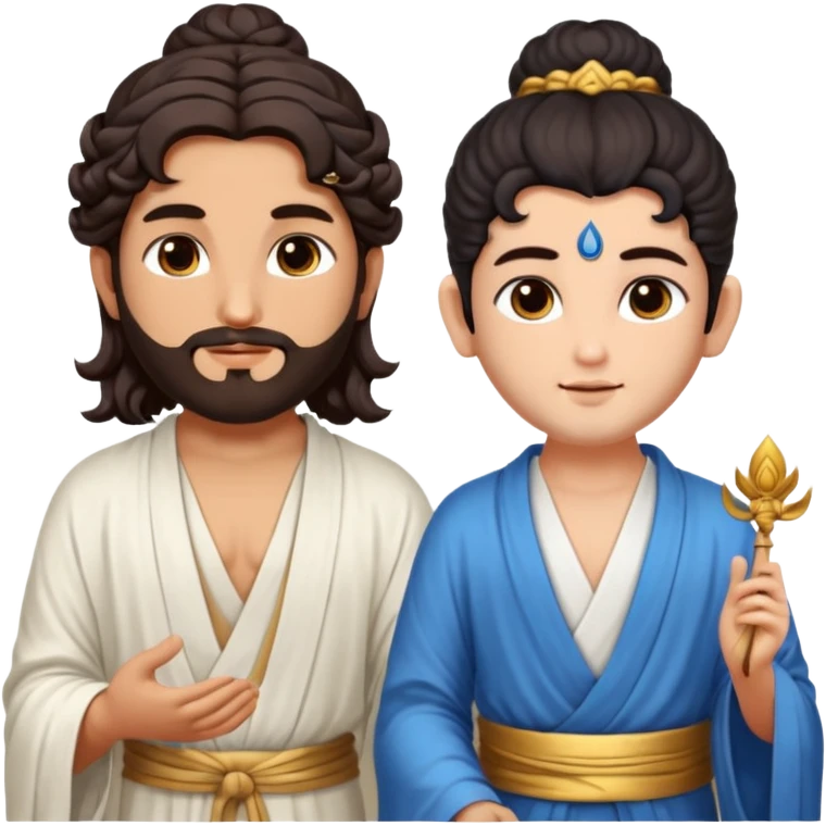Create a Jesus - long wavy dark-brown hair, short beard, wearing a simple white robe., Krishna- blue skin with dark curled hair , and Buddha standing together. Buddha: warm golden or light tan skin, dark curled hair with a traditional top bun (ushnisha)

 emoji