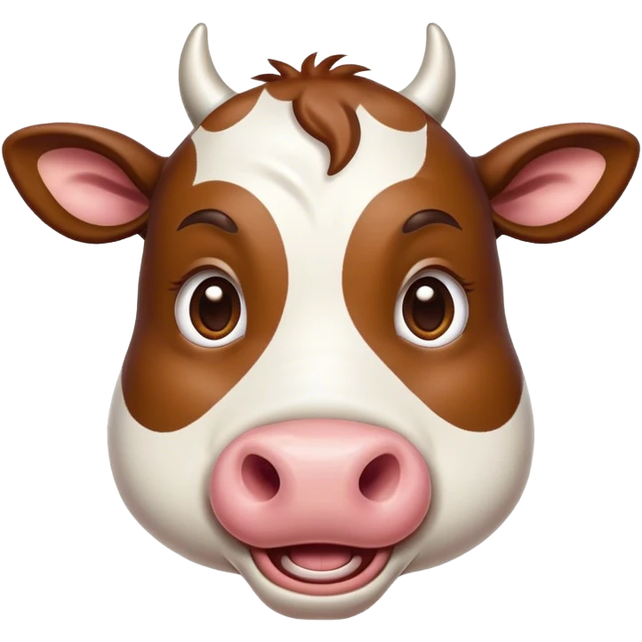 Cinematic Comical Brown and White Cow Portrait Emoji, Head tilted dramatically with an exaggeratedly amused expression, featuring a striking, glossy hide with a dynamic mix of brown and white, wide, expressive brown eyes filled with playful disbelief, Simplified yet hilariously expressive features, highly detailed, glowing with a slightly sassy glow, high shine, dramatic yet playful, stylized with an air of cheeky mischief, bright and endearing, soft glowing outline, capturing the essence of a spirited and over-the-top cow, so meme-worthy it feels like it could moo its way into internet fame instantly! emoji
