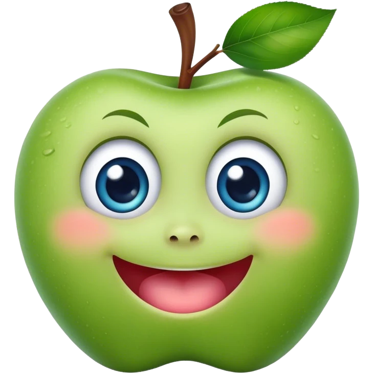 A cute green apple with a big smile and blue expressive big eyes emoji