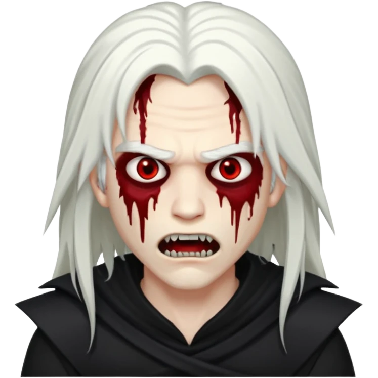 Creat a young man Vampire that have long white hair and white skin and full black eyes and bloody mouth and full black outfit and long fangs and scary dead cold eyes emoji