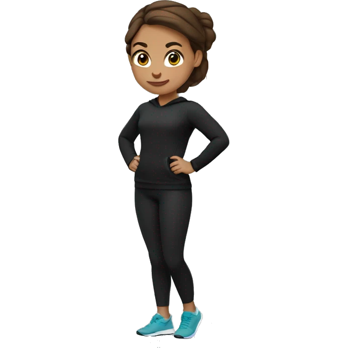 A girl with brown hair is doing fitness in black leggings and a black sweatshirt emoji