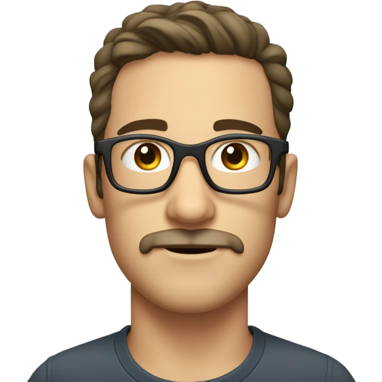 young caucasian man with dark hair, mustache, and scruff, wearing clear framed glasses emoji