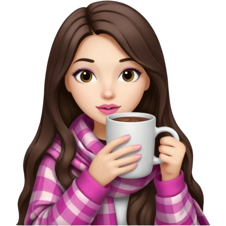 Pink lip, eyelashes, Black eyed brunette girl with long hair and light skin shoulders wrapped up in a pink plaid blanket drinking hot chocolate emoji