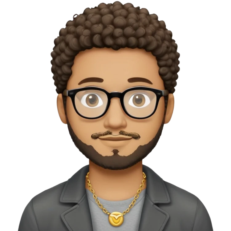 Hombre latino piel marron claro, cara estirada ovalada, gafas redondas oscuras, barba corta, pelo corto rizado. Sonrisa leve, expresión tranquila. Camiseta gris, jacket negro abierto, collar dorado emoji