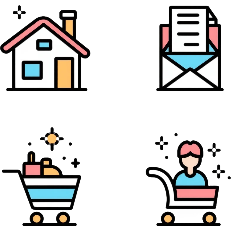 website navigation icons with home, mail, shopping cart, user profile, and settings emoji