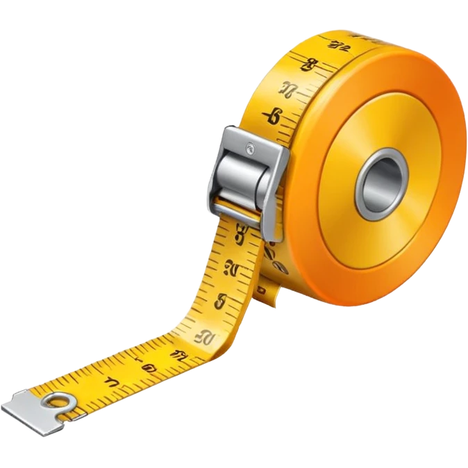 Flat vector illustration of a rolled measuring tape in yellow and orange color, simple bold outlines, minimal shading, emoji style, centered on white background. emoji