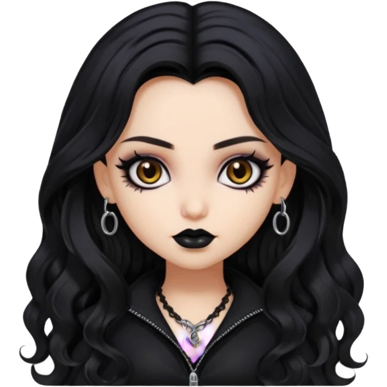 goth bratz baddie, beautiful brown eyes, long wavy black hair, black gothic hair styled, black goth clothes emoji