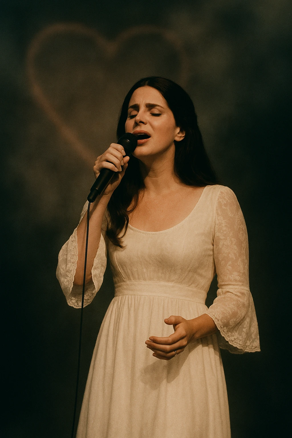 Lana Del Rey on stage in a white dress, microphone in hand, singing with emotion, faint heart-shaped box imagery in the background, cinematic and atmospheric style emoji