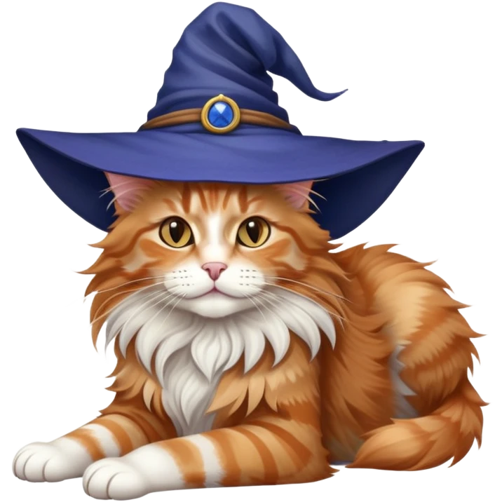 full body Maine coon ginger tabby cat flopped over on her back wearing an indigo witch hat emoji