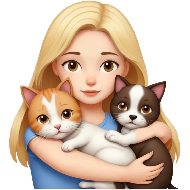 Beautiful girl hugs a cat and a dog tightly emoji
