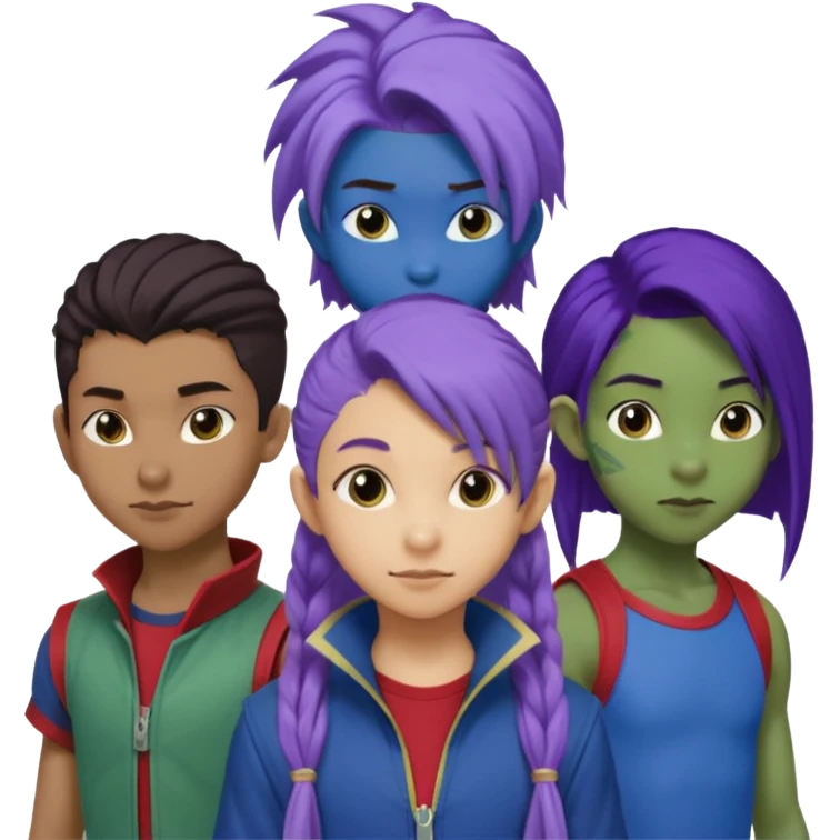 Solo poly platonic relationship, one African girl, one Asian boy, one biracial features Asian tomboy girl rat-tail hair long and upper masculine hair 90s, vampire and marvel cosplay elements inspired  use marvel race, like instead of obvious human, green purple blue etc,  emoji