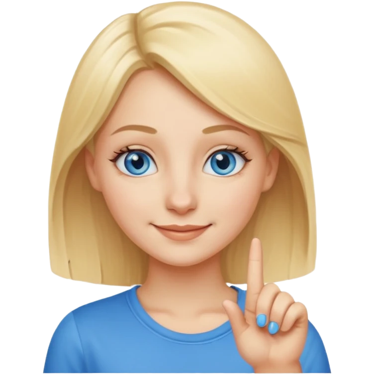 a blond girl with blue eyes putting a finger on the tip of the nose emoji