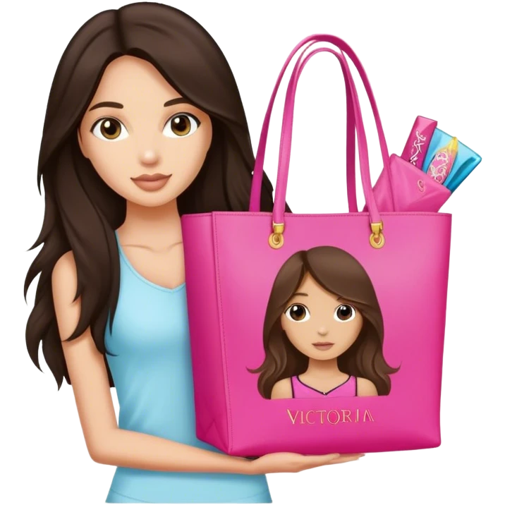 long haired brunette girl and victorias secret bag emoji