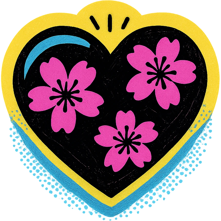 goth sakura heart, pop art style, black heart with bright pink sakura, halftone dots, bold and graphic emoji
