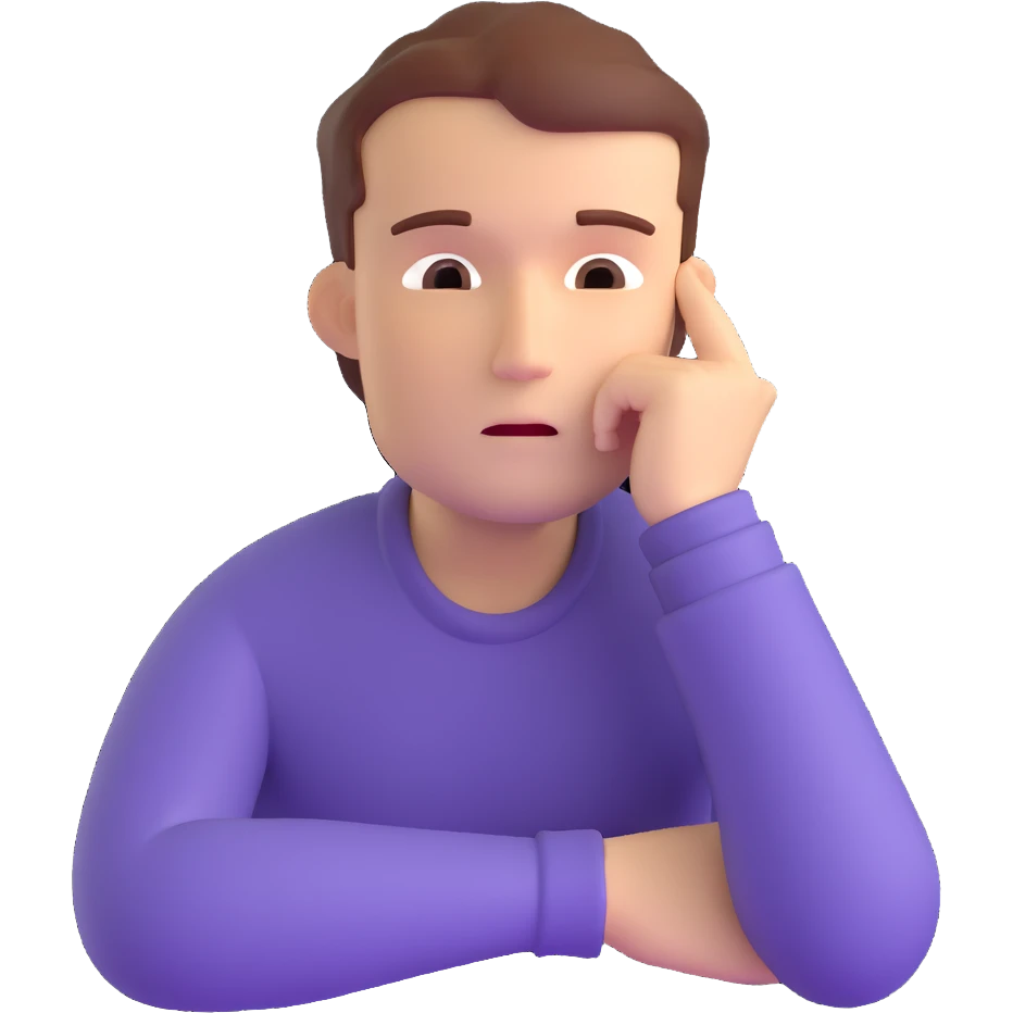 3D character with hand on chin thinking deeply emoji