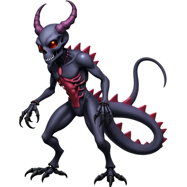 Shiny Horned Futuristic Badass Demonic Spectral Dusky Spooky Skull-faced Cool Hot Stylish Handsome Alien-Salandit-Venom-Darkrai-Genesect-Fakémon-fusion (full body) emoji