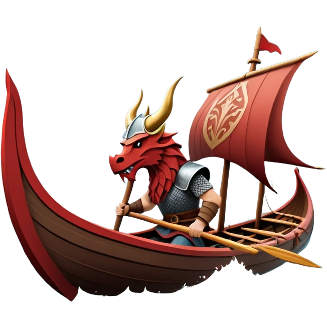 clash-of-clans-aesthetic_-cinematic-viking-longboat, rendered in a flat, bold vector style with minimal shading, featuring a striking dragon-headed prow slicing through waters. shields on the side and vikings rowing The longboat’s, the boat has carved motifs evoke a sense of epic adventure and Nordic might, with billowing sails catching a dramatic, stormy sky backdrop. emoji