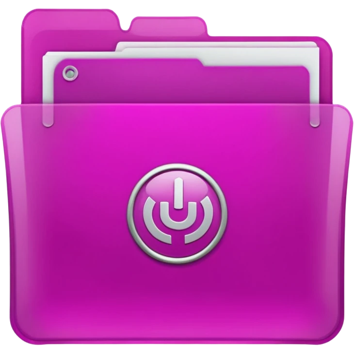 A translucent magenta plastic folder with rounded corners, elastic string and button closure, subtle transparency, and a small university/academic symbol on the front. emoji