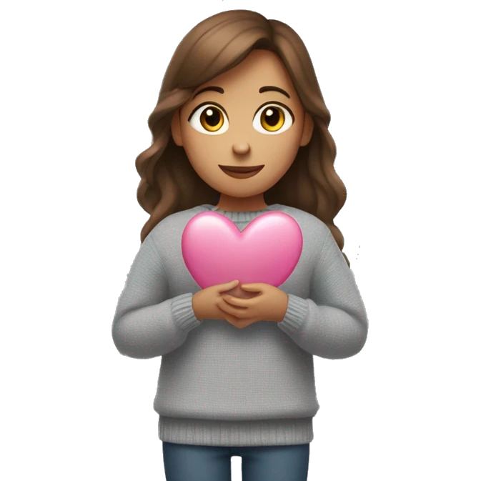 A girl with brown hair in a gray sweater holds a pink heart in her hands emoji