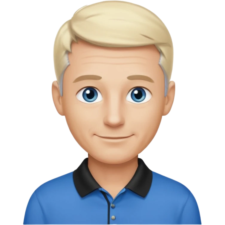 Avatar pic male gray hair blue eyes clean shaven blonde eyebrows high cheekbones sly smile long eyelashes wearing a black golf shirt emoji