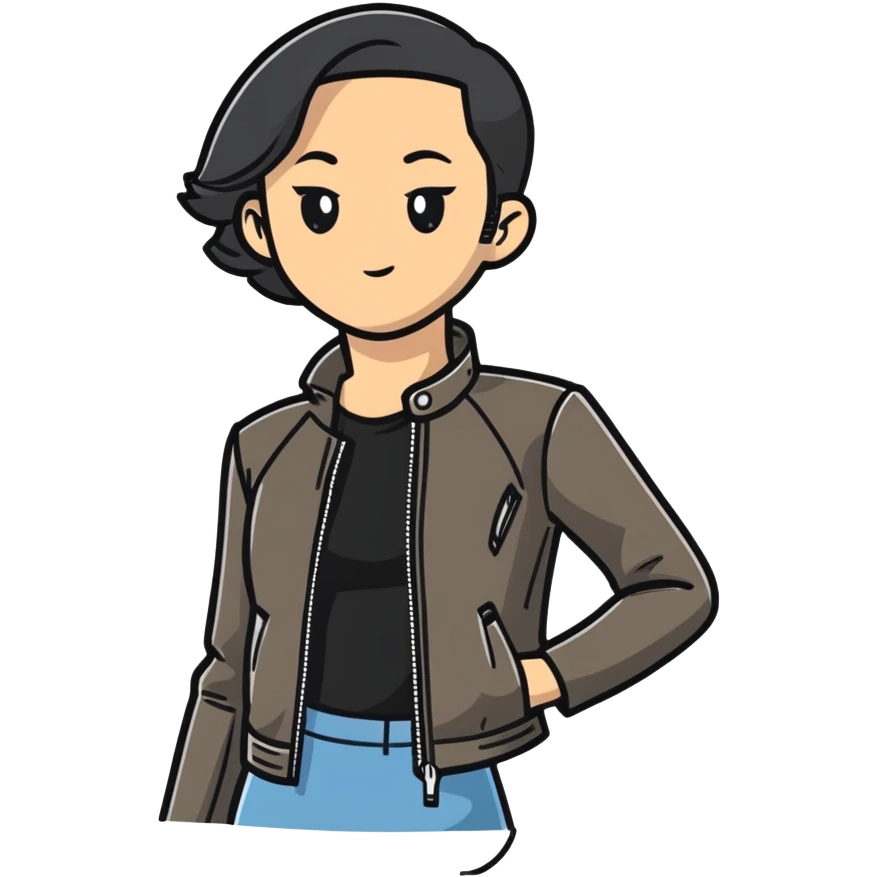 female character with oval-shaped flat-top head wearing a tight-fitting elbow-length black leather jacket emoji
