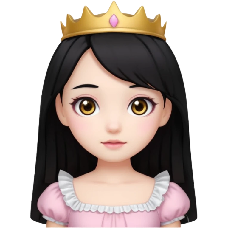 pale girl with medium length black hair, brown eyes, doll-like hime makeup, wearing a light pink hime dress, emoji style emoji