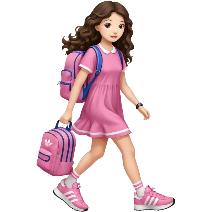 aestethic brunette very,very,very long wavy hair walking with a school backpack, with a cute pink dress, adidas samba shoes emoji