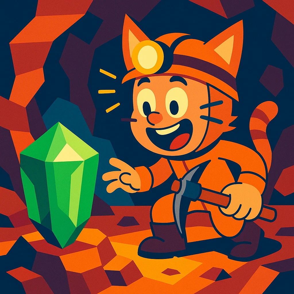 A miner wearing a cat costume, amazed by a huge emerald at y -255, fun and adventurous atmosphere. emoji