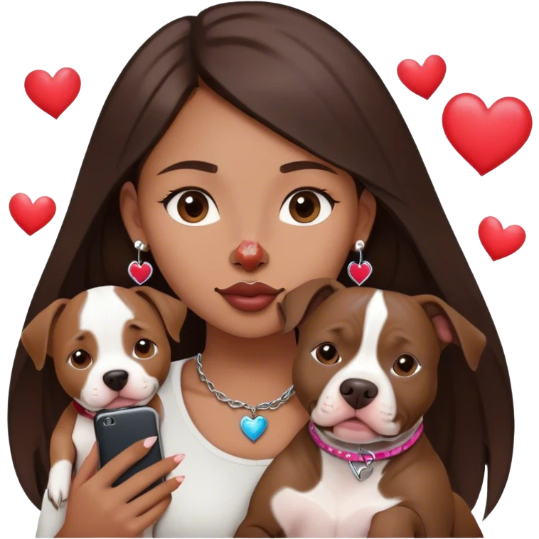Young girl was long, dark brown hair sits with her dog who is a pretty girl pitbull with her cell phone in her hand in a small septum ring in her nose was hearts flying all around her emoji