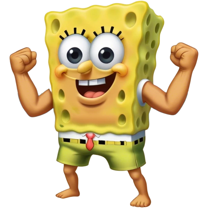 Create a sticker of SpongeBob pulling out muscles on the beach sweating and doing strength emoji