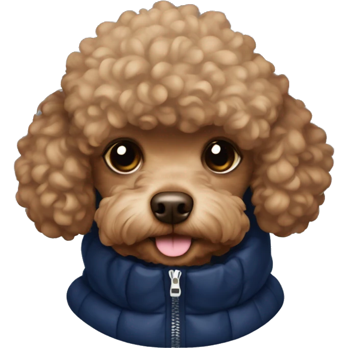 Brown toy poodle wearing a navy blue puffer jacket  emoji