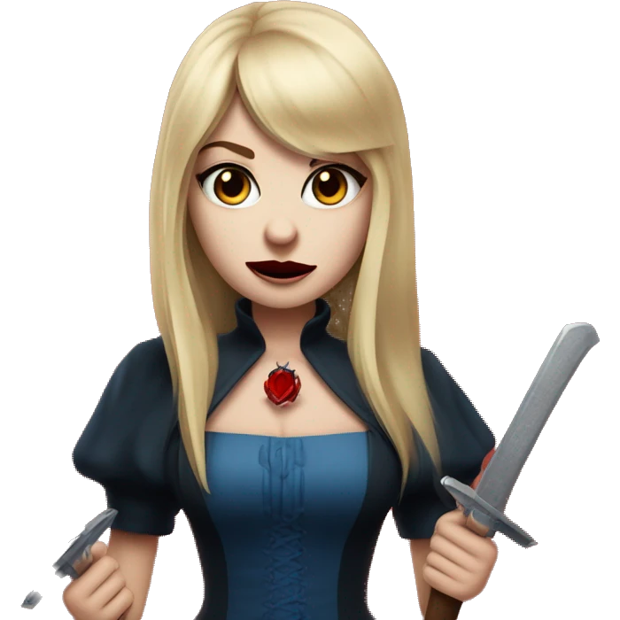 beautiful vampire woman with long blonde hair and blonde straight bangs and blue eyes wielding knives red water emoji