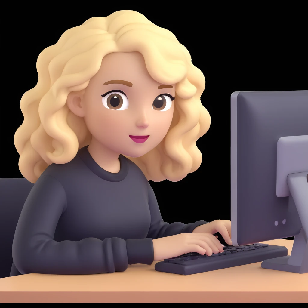 brown-eyed blonde young woman with wavy hair, wearing a black sweater, working on a computer in a cozy office emoji