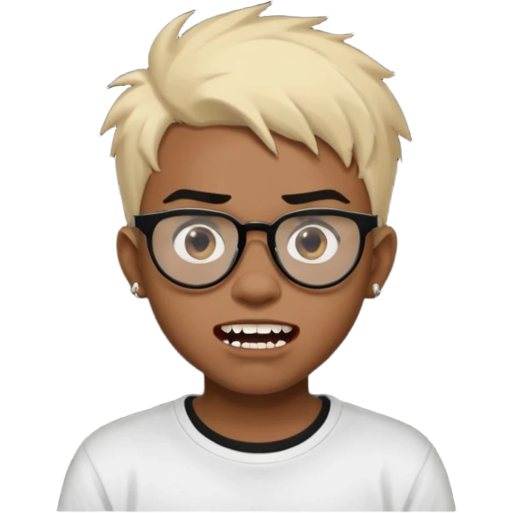 Black Male Teenager with Short punk messy blonde hair, Dark brown bushy eyebrows large expressive golden-brown eyes, wearing a plain white t-shirt, wearing thick black glasses, Dark Brown skin color. Showing off his vampire tooth emoji