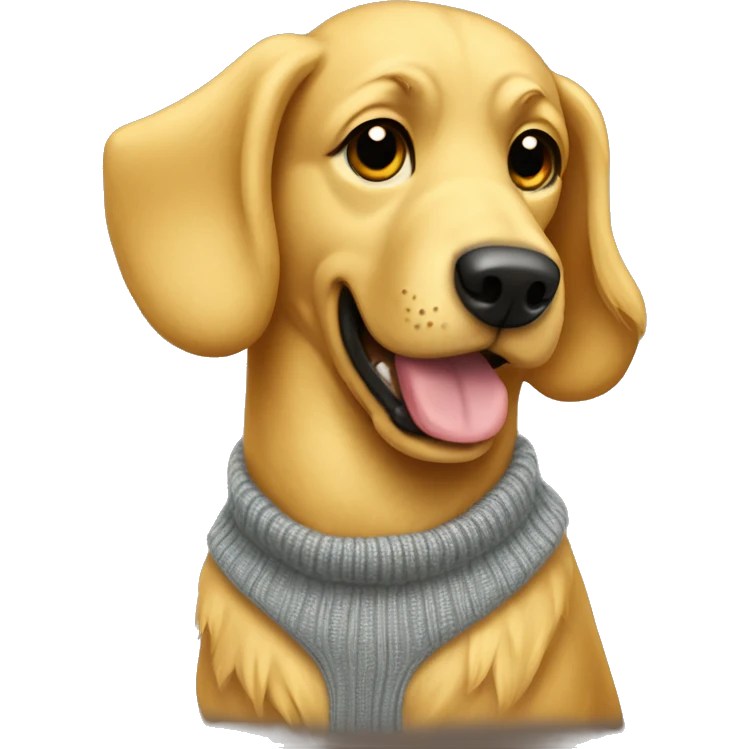 Golden dog with a sweater that says “moose” emoji