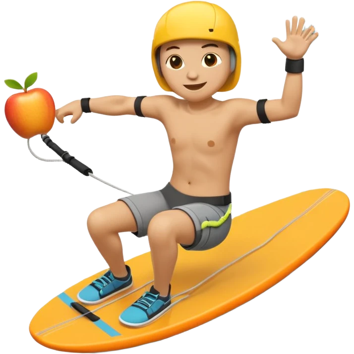 "Apple 3D emoji-style character wakeboarding mid-jump, with arms extended holding an orange rope, legs slightly bent on a yellow board. Stylized water splash behind. Emoji face, rounded body, bright and clean Apple shading. emoji