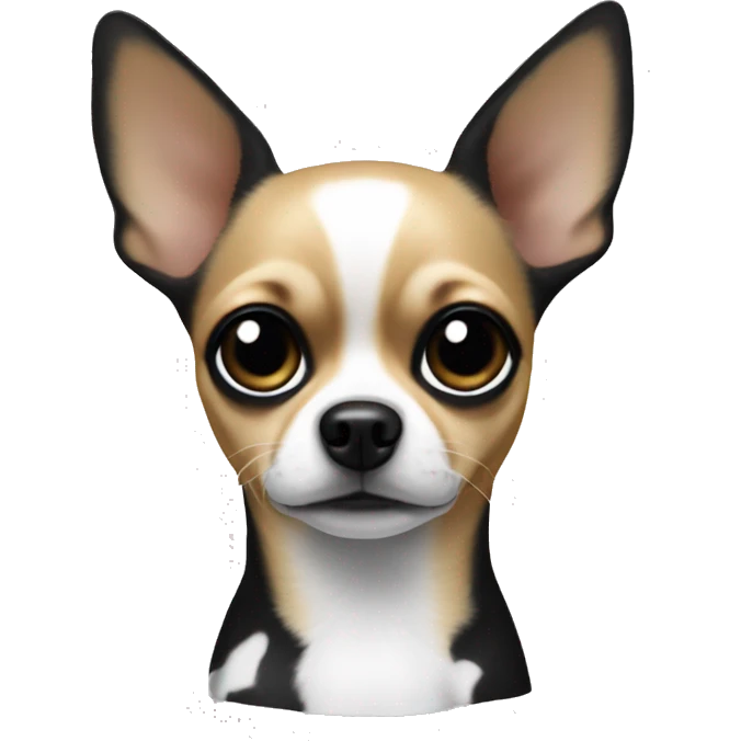 Chihuahua dog.His is mainly black and white, with black spots over the eyes, ears and back. The ears are large, pointed, There is a black spot on the chest that resembles an inverted triangle. He is upset emoji