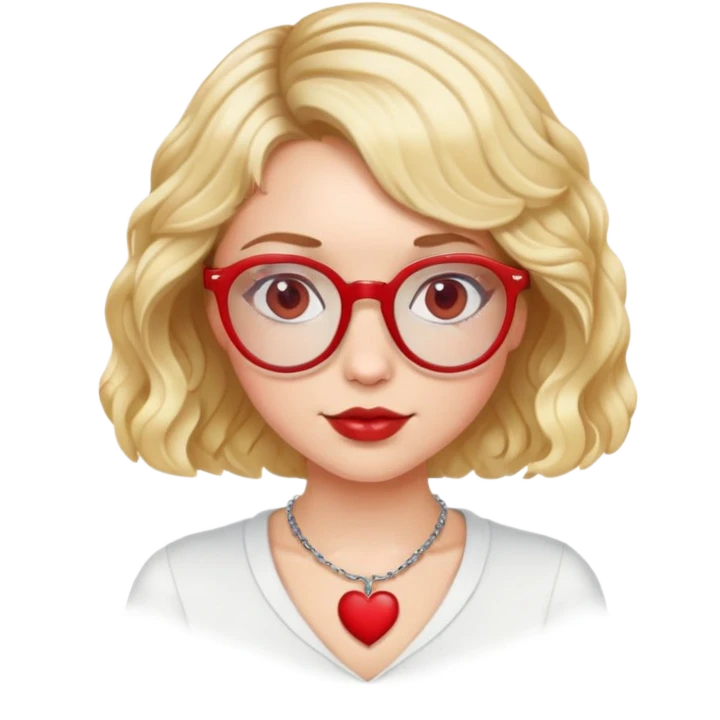 white girl head with short wavy blonde bob hair, red round glasses, heart necklace emoji
