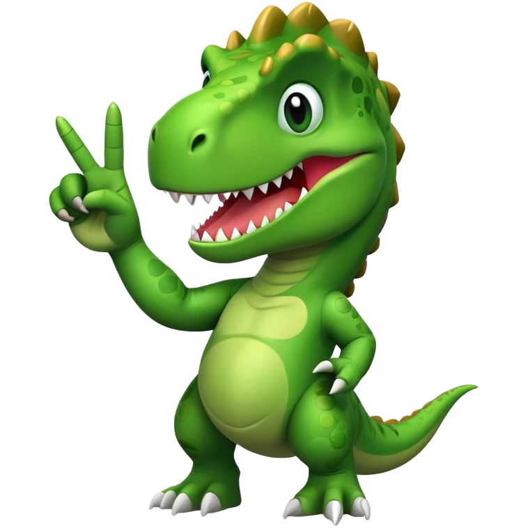 Cartoon T-Rex giving the peace sign with his fingers emoji