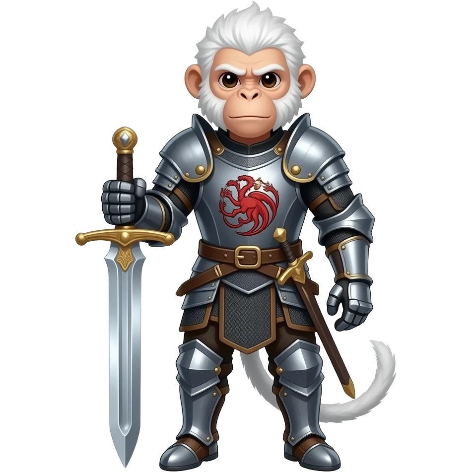 Згенеруй мавпу з мечем, білим волоссям в обладунках, з гербом таргарієнів на грудях emoji