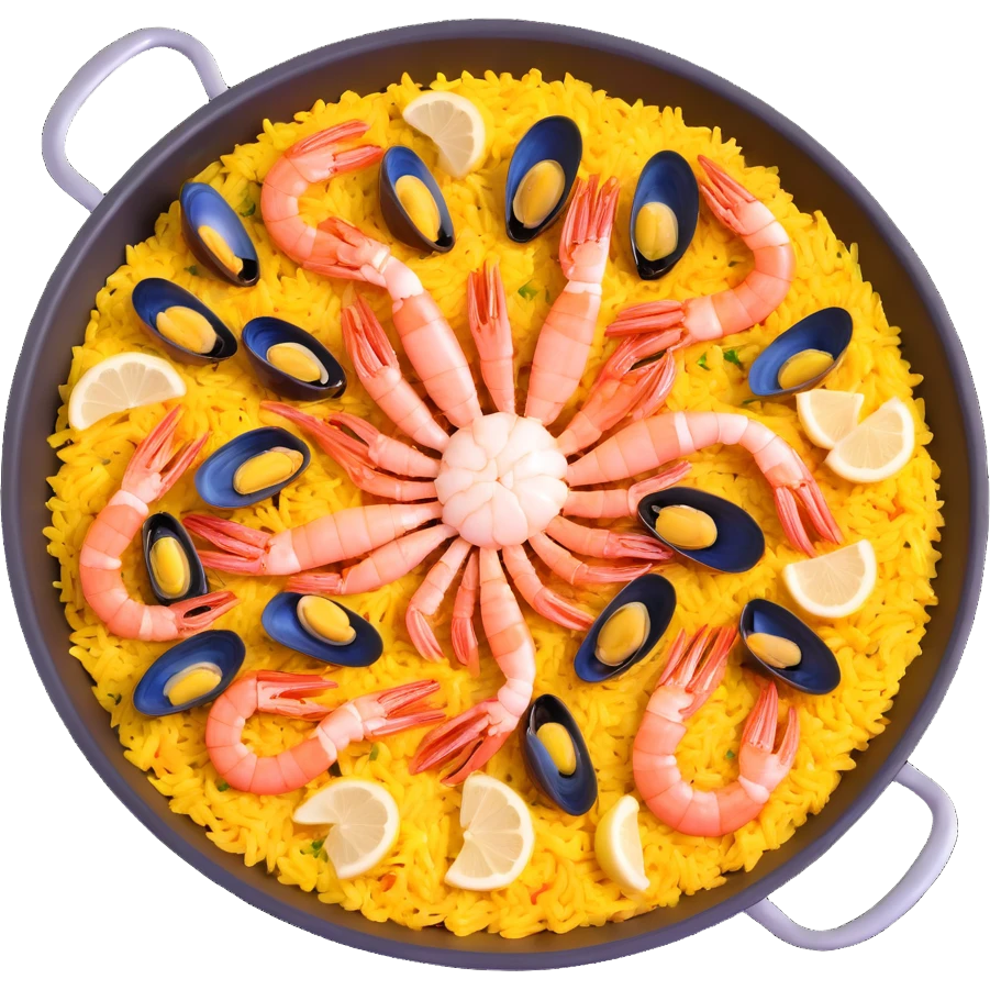 traditional Spanish seafood paella with shrimp, clams, mussels, saffron rice in a paella pan emoji