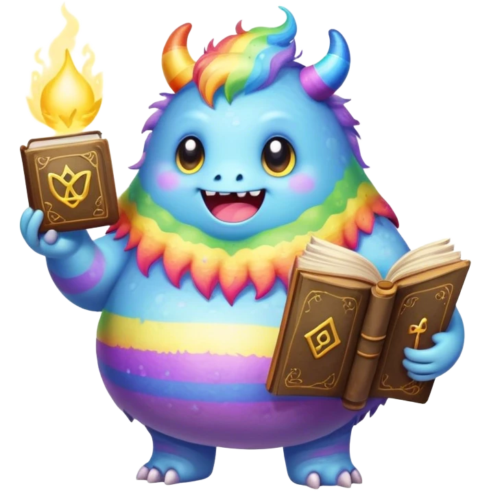 Kawaii derpy fat rainbow monster with magic spell book, rich textures, visually rich, so lifelike that it feels like it could leap off the page at any moment emoji
