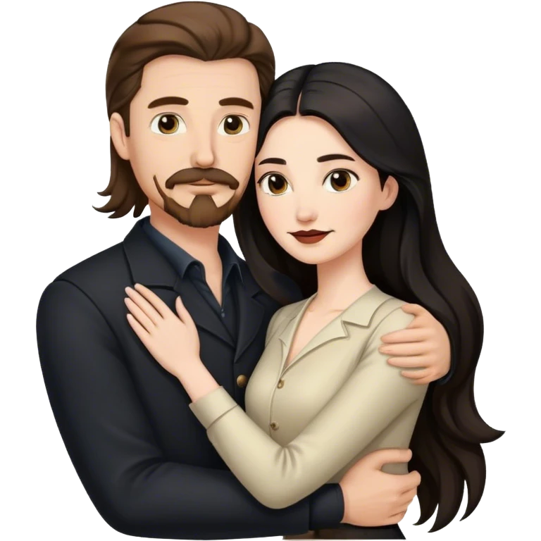 tall white man with brown hair goatee mustache hugging a pale woman with long black hair, wearing elegant clothing emoji