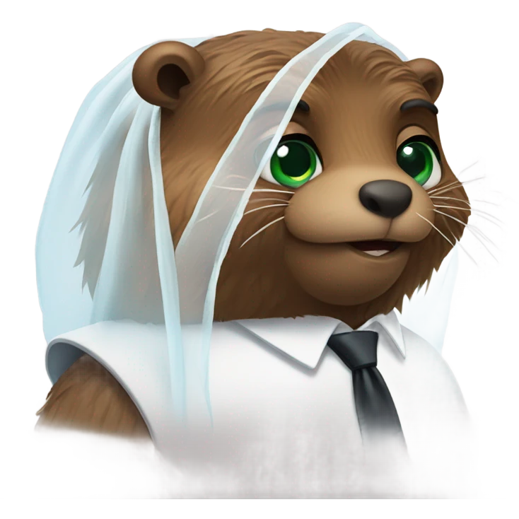 Two beavers in love with one of them with green eyes and also wearing a small wedding veil and the other with blue eyes and wearing a black tie and they’re in love emoji