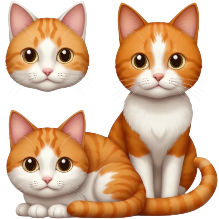 3 sibling cats all various different natural colours; 1 is ginger and white, the next is brown tabby and white and the third is a calico emoji