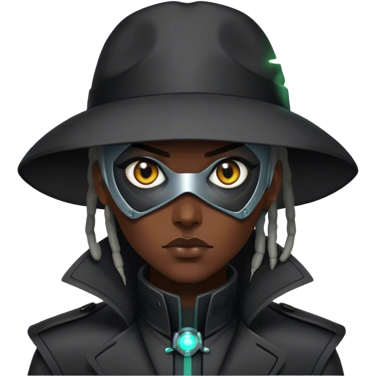 A dystopian bounty hunter, black trench coat, cybernetic eye glowing emoji
