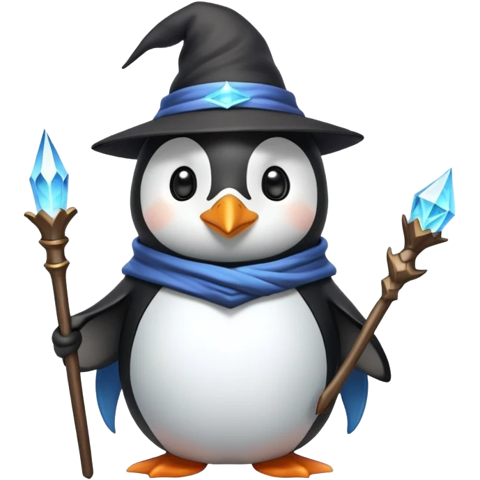 cute penguin wizard with a magical staff and a pointy hat emoji