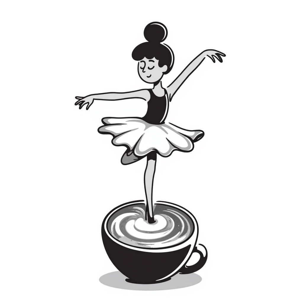 Elegant ballerina dancer formed from cappuccino foam art, pirouetting on top of coffee emoji